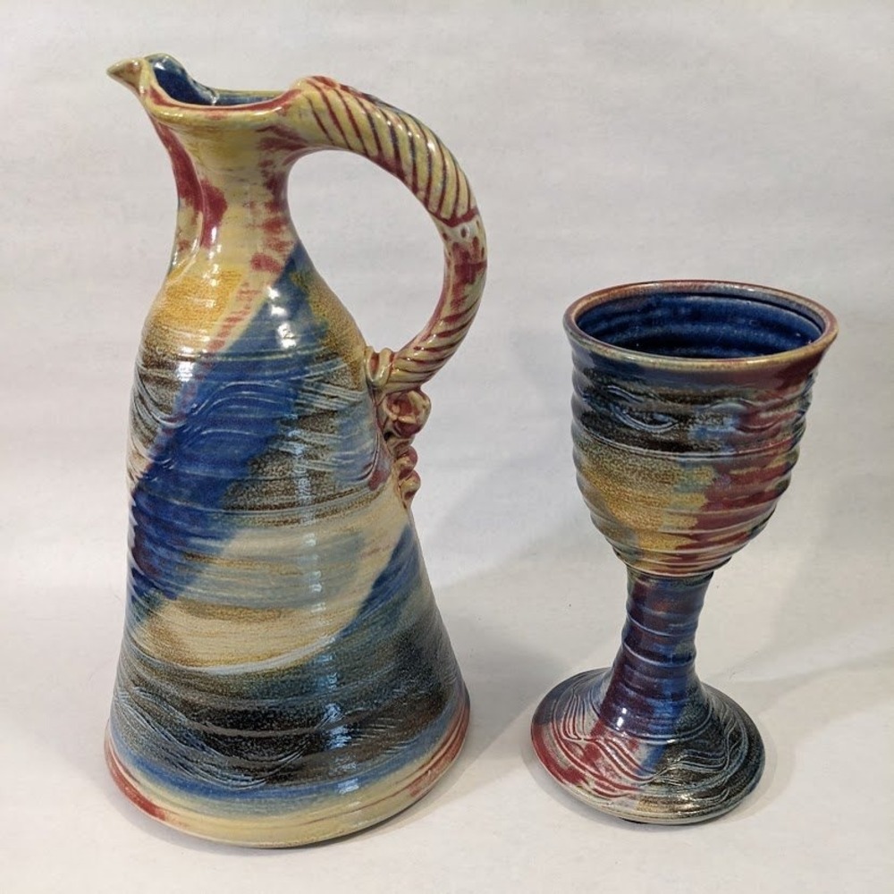 Vtg Kennedy Studio Pottery Pitcher Goblet Set Multi-Color Glaze Signed Stoneware